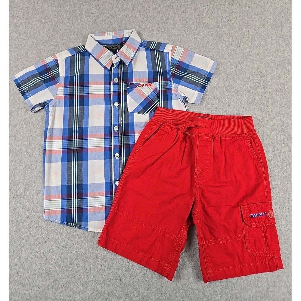 DKNY Outfit Size 4T Button Shirt & Cargo Shorts Blue Plaid Red Spring Summer NWT